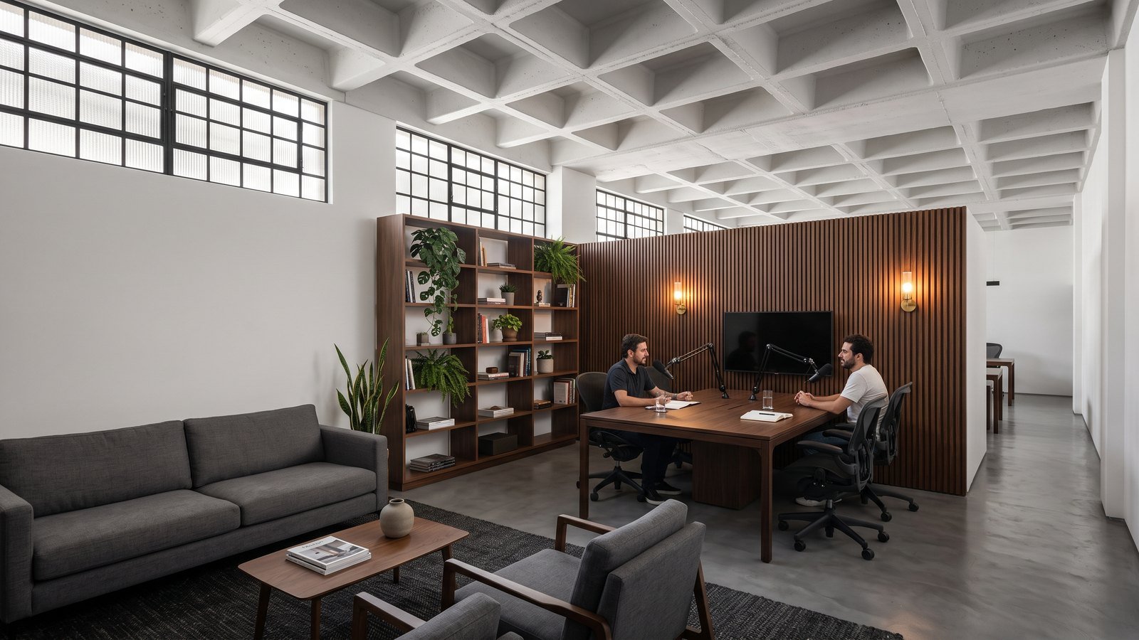 Escritório cenográfico do GOOGH Studio com mesa de reunião, estante e área de estar
