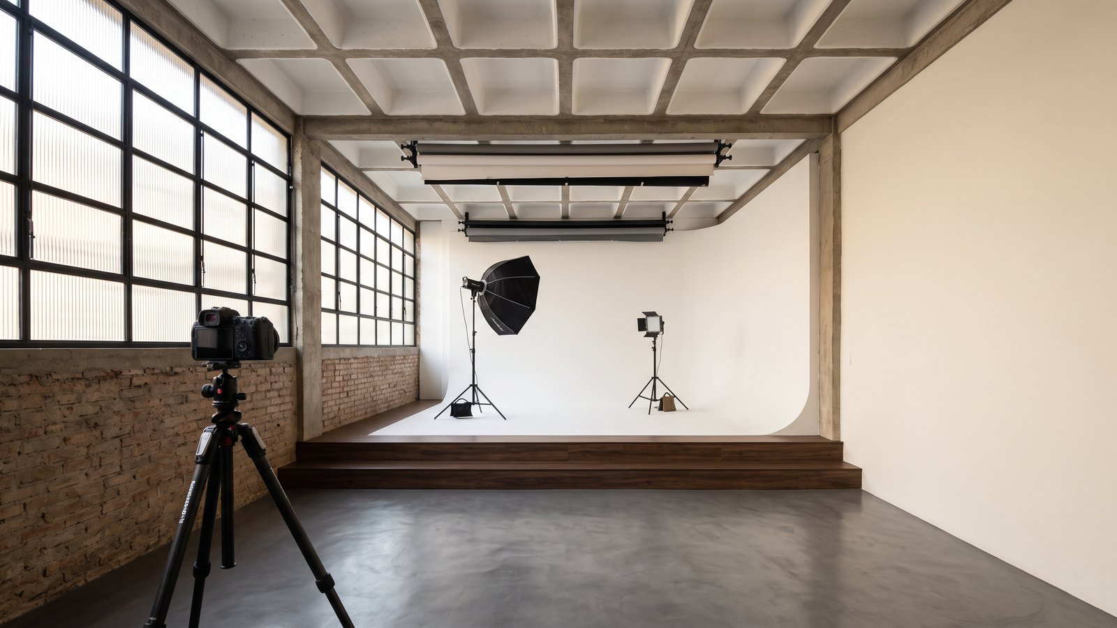 Área fotográfica do GOOGH Studio com fundo infinito branco e iluminação profissional