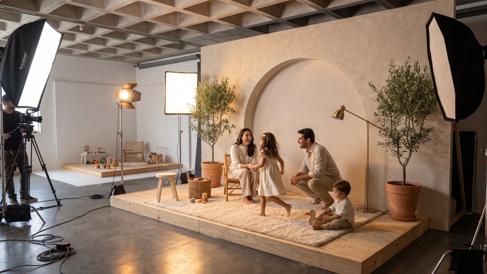 Set cenográfico de família e infantil montado dentro do estúdio